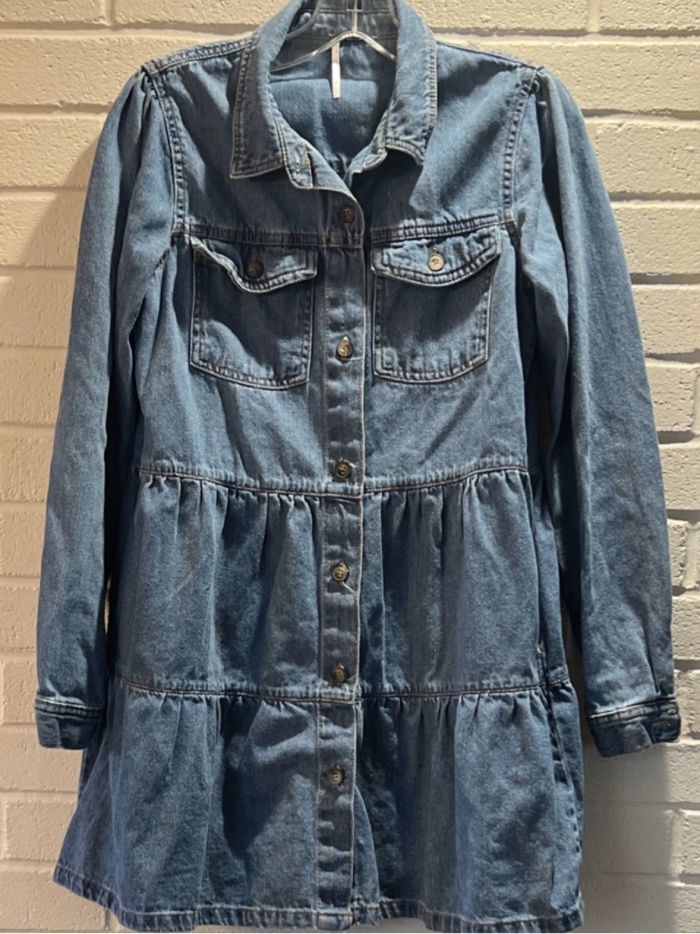 Free People Medium Blue Denim Tiered Button-Front Shirt Dress